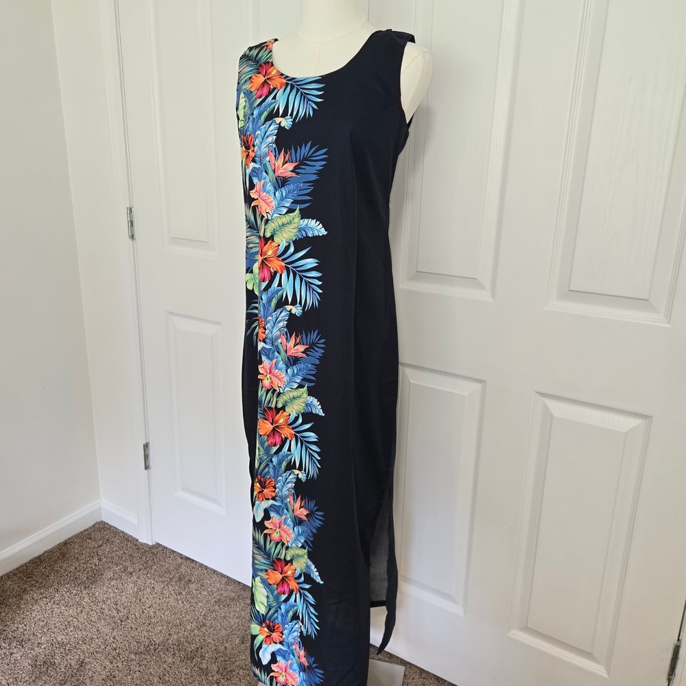 Hawaii Hangover‎ Maxi Dress Womens M Black Tropical Floral Hibiscus Cotton Slit